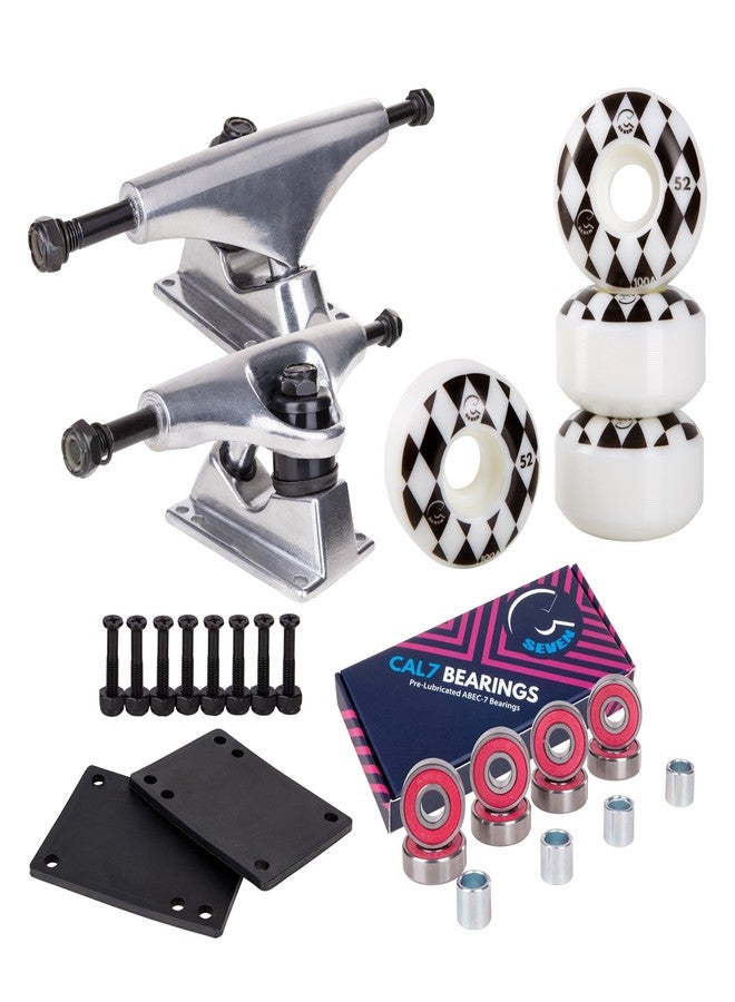 Cal 7 Skateboard Package | Complete Combo Set with 139 Millimeter / 5.25 Inch Aluminum Trucks, 52mm 99A Wheels & Bearings (Silver Truck + White Speedway Wheels) - Image 1